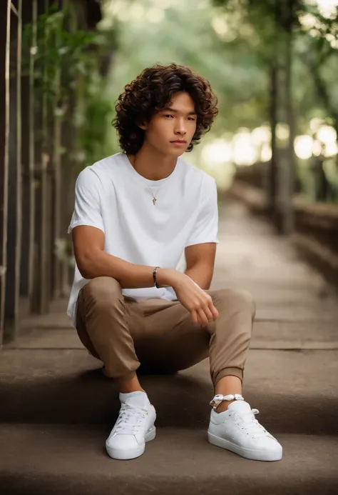 Tan Teenage boy, Asian, Long curly hair, brown eyes, black sweat pants, white t shirt, bracelets, white shoes, freckles, slim physique