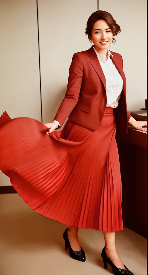 very (shy:1,2) (smiling;1,3) woman playing with skirt, dancing, wearing short blazer and very very detailed (long (fully pleated) full circle skirt) and (simple) low heeled office shoes, very very intricate hyper-detailed symmetric (attractive graceful you...