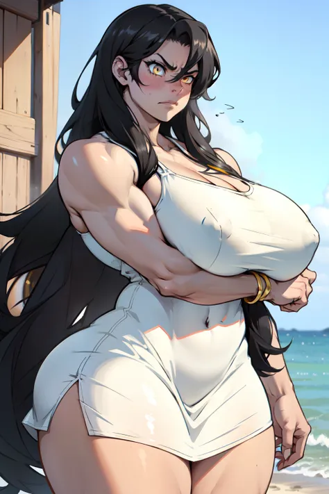 girl huge breasts bodybuilder muscular toned body pale skin black hair very long hair yellow eyes angry blushing embarrassed thick thighs white sundress