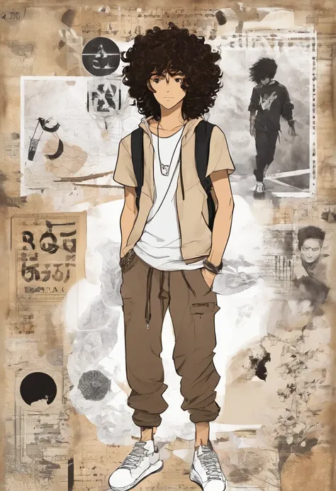 Tan Teenage boy, Asian, Long curly hair, brown eyes, black sweat pants, white t shirt, bracelets, white shoes, freckles, slim physique, animated style