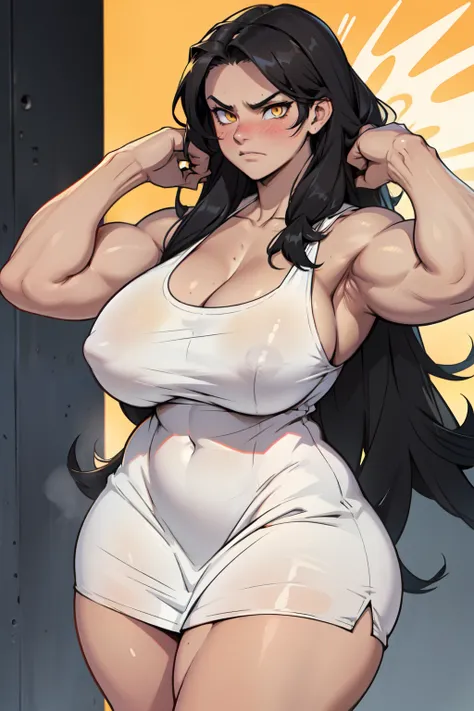 girl huge breasts bodybuilder muscular toned body pale skin black hair very long hair yellow eyes angry blushing embarrassed thick thighs white sundress