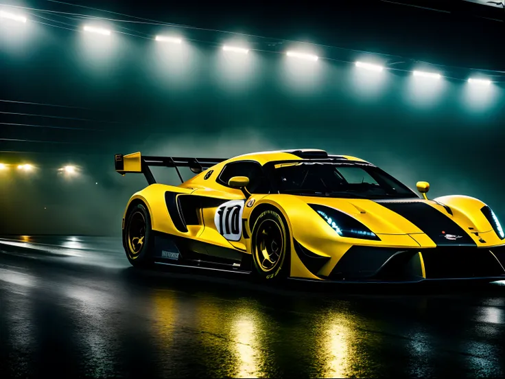 Cinematic shot of a sport car in busy racing speedway, rain, angle, duotone, black, gold, cinestill 50d, style raw, cinematic lighting