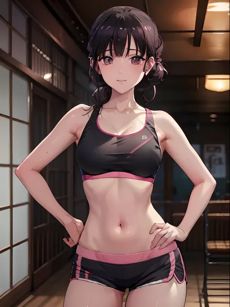 (masterpiece, best quality:1.2), highres, high resolution, MiyoSaimori, 1girl, solo, smile, teeth visible, (hair tied up), ((pink sports bra)), midd riff, shorts, running shorts, ((black running shorts)), indoors, gym, blur bacground, bangs, (medium breast...