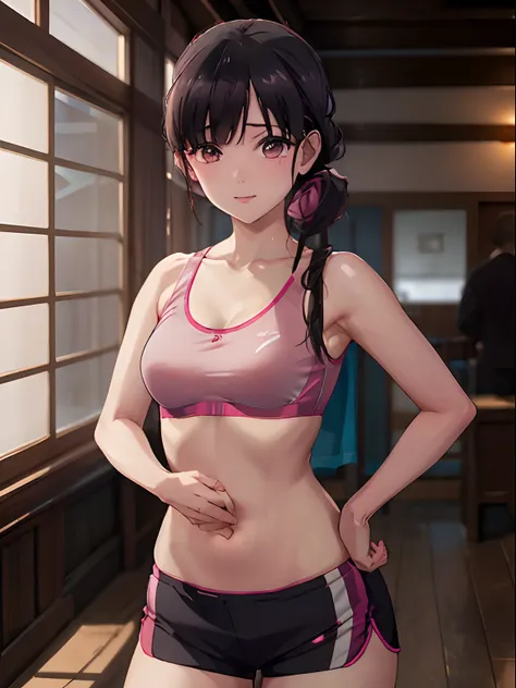 (masterpiece, best quality:1.2), highres, high resolution, MiyoSaimori, 1girl, solo, smile, teeth visible, (hair tied up), ((pink sports bra)), midd riff, shorts, running shorts, ((black running shorts)), indoors, gym, blur bacground, bangs, (medium breast...