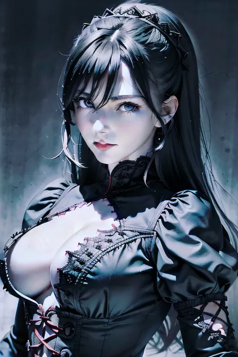 absurderes, masutepiece, Best Quality, nffsw, 1girl in, sixteen years old、 Mature Woman, (Sharp Focus), Villains smile, medium breasts, (Hair on long black background), (Blue eyes), (Detailed eyes), Gothic lace costumes, White and Red theme, Realism, Bai_c...