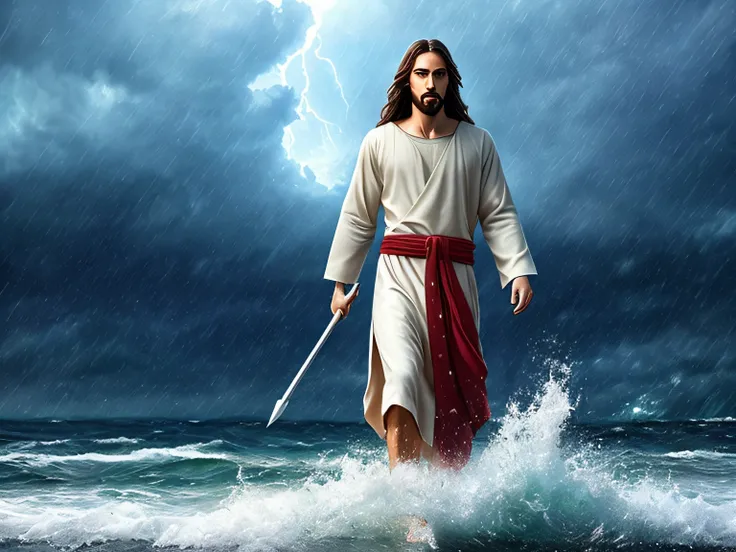 jesus walking on water in a storm, masterpiece, best quality, high quality, extremely detailed CG unit 8k wallpaper, award winning photography, Bokeh, Depth of Field, HDR, bloom, Chromatic aberration, photorealistic, extremely detailed, trending on artstat...