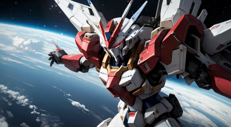 BlueＺGundam、Mobile Suit Robot、Engage fiercely with red enemy mobile armor robots、flying in space