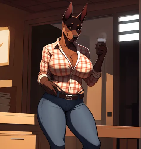 Very_muscular_mature_doberman female dark_brown_two-tone_furry_body brown_eyes milf unbuttoned_plaid_shirt  jeans wife solo Masterpiece best_quality absurdres highly_detailed cleanly_drawn_eyes anthro_only large_breasts by_claweddrip, by_greasymojo, by_und...