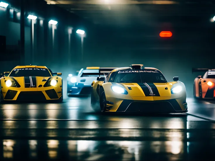 Cinematic shot of a sport car fast running in busy racing speedway, rain, angle, duotone, black, gold, cinestill 50d, style raw, cinematic lighting, movement, speed