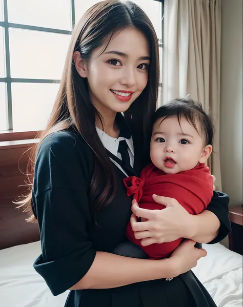 ((((Baby and daughter,Young woman holding baby in her arms,Young woman holding baby)))),(Amazingly cute schoolgirl holding baby、Half Japan and half Spanish,Shooting from the knee up,Luxury Hotel Suite,Sit on a bed in a luxury hotel,a hyperrealistic schoolg...