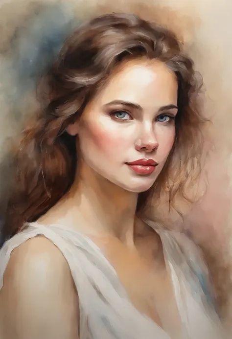 Imagine a watercolor portrait of a young woman with a calm expression on her face. This painting、Captures the subtle play of light and shadow in its features. Her eyes are a seductive shade of deep blue, pa、They have, seem, There is a hint of a distant mem...