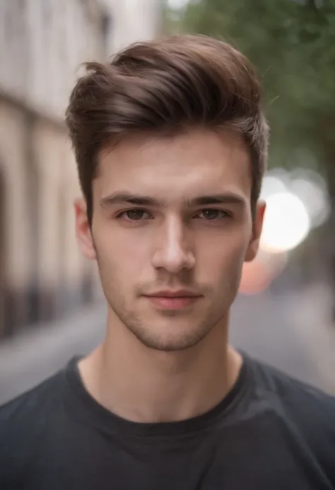 22 year old boy, caucasian, black shirt,messy quiff brown hairs style, square face shape, light beard, looking at camera, street photograpghy, straight possing, perfect lighting, deep shadow, best quality, masterpiece, ultra highres, photorealistic