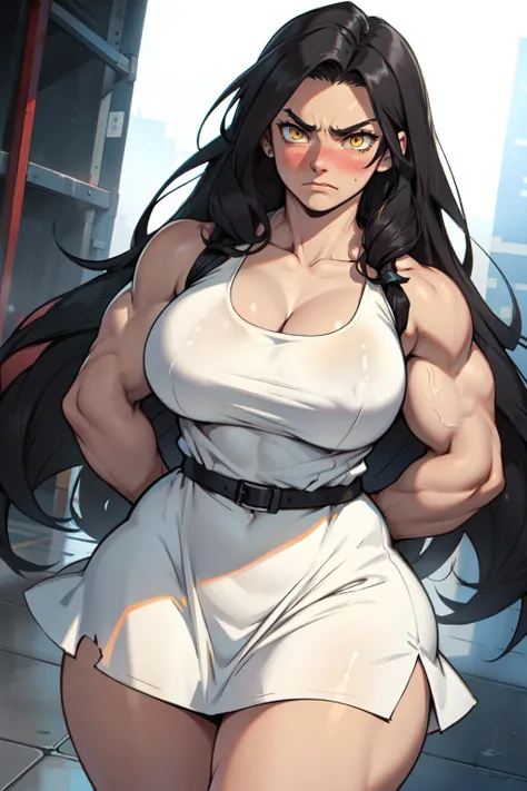 girl large breasts bodybuilder muscular toned body pale skin black hair very long hair yellow eyes angry blushing embarrassed thick thighs white sundress