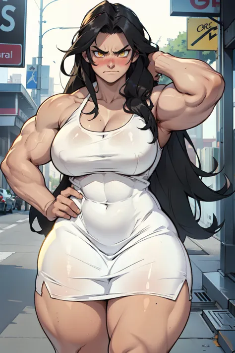 girl large breasts bodybuilder muscular toned body pale skin black hair very long hair yellow eyes angry blushing embarrassed thick thighs white sundress