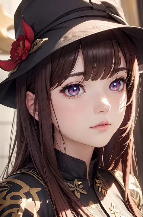 face, closeup, closeup shot, shiny hair, shiny clothes, shiny, extremely detailed eyes, extreme details, realistic, cinematic, detailed, masterpiece, 4k, 8k, , PunkAI,, FantasyAI_Burple,, indoors, hu tao (genshin impact), genshin impact, hat, symbol-shaped...