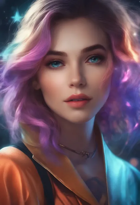 Close-up de uma mulher com cabelo colorido e colar, Anime Girl with Cosmic Hair, vitalidade suave de Ross, obra no estilo Guvez, estilo de arte de fantasia, colorido], estilo de fantasia vibrante, Ross cartoon cheio de vitalidade, cosmic and colorful, Guwe...