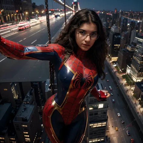 (best quality,4k,highres,masterpiece:1.2),ultra-detailed,realistic,marvel comic panel strip,portuguese teen girl with a roman nose,curly black short length mullet,glasses, dressed as spiderman,swinging through new york city,spider web trail,iconic red and ...