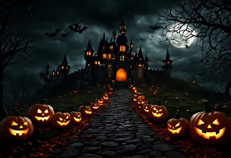 (best quality, 4k, 8k, high resolution, masterpiece: 1.2), ultra detailed, (realistic, photorealistic, photorealistic: 1.37),A photo of a spooky Halloween scene with a castle and pumpkins. The castle is in the background and is dark and sinister. The path ...