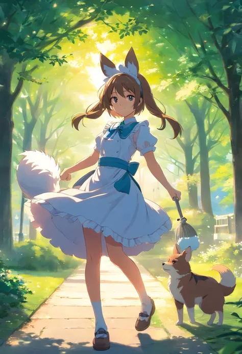 the anime, Senko, Anime style, In the park in a maid costume, Ears, hair light, Big fluffy tail