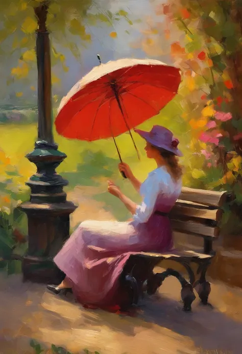 painting of a woman sitting on a bench with an umbrella, in a garden, inspiring art, edouard leon cortes, impressionist art, in the garden, steve henderson, by Ma Shi, romantic painting, romantic impressionism, by Joseph DeCamp, by J. Ottis Adams, by Thoma...