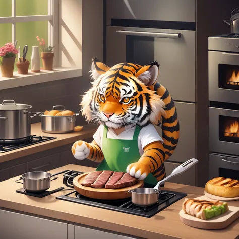 Anthropomorphic little tiger wearing apron, standing in kitchen over the stove cooking a steak in frying pan. Ultra detailed, anime, high quality, illustration, chibi, cute, Eevee, zbrush, pen, ink, marker, crayon, 64k, fantasy art, Alchemical hallucinatio...