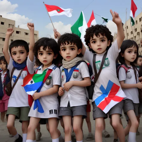 Children with the flags of Israel and Palestine and the word STOP THE WAR