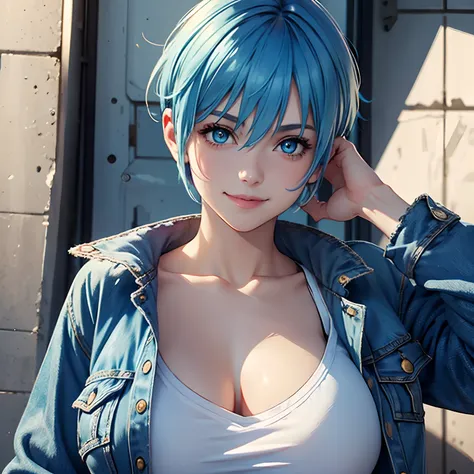 1girl, blue hair, blue eyes, pixie cut, large breasts, jean jacket, white t-shirt, smiling