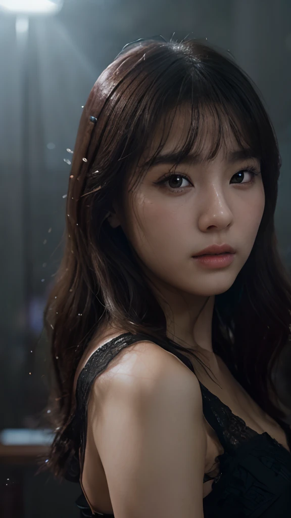 (Erotic_face), 1girl, solo picture, kim tae-ri, (korean (pretty young face)), dark (lace dress), (8k HD extremely realistic detailed face:1.5 (soft scene, very low lightning), detailed beautiful reflection pupils, masterpiece:1.3, ultra highres:1.2, dynami...