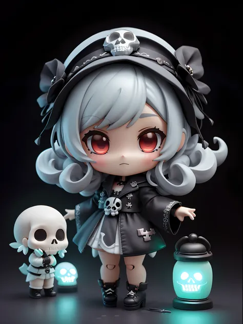 white teal hair, curly hair, short hair, headdress, fullbody, chibi, fullbody art, black skull ornament,1girl, a doll with a lan...