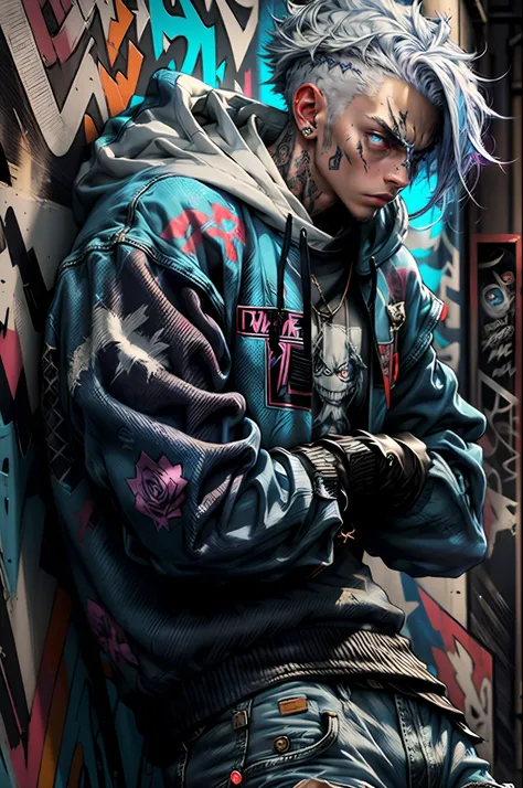 A cool and trendy cat, platinum rose color hair, blue glowing eyes, wearing trendy hip hop clothing, wearing a hoodie, graphic t-shirt and torn jeans, tons of tattoos and piercings, graffiti style background, highly detailed background, perfect masterpiece...