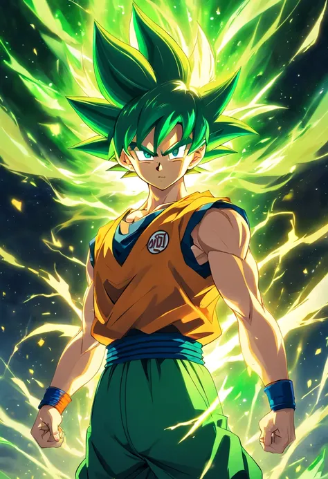 A detailed drawing of Son Goku He has reached the level of Super Saiyan Legends. green hair, green and gold aura