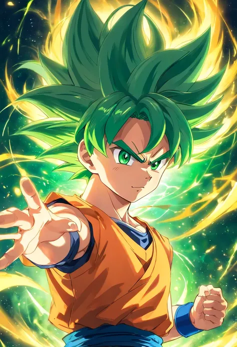 A detailed drawing of Son Goku He has reached the level of Super Saiyan Legends. green hair, green and gold aura