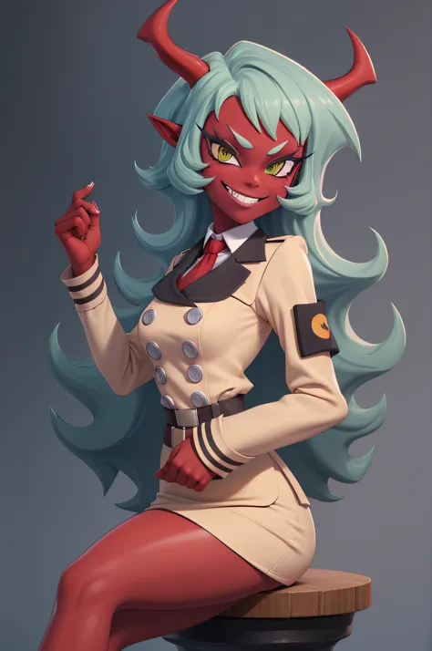 (masterpiece, best quality:1.2), solo, 1girl, psgscanty, red skin, evil smile, looking at viewer, sitting, crossed legs, horns, v-shaped eyebrows, jacket, red necktie, skirt, skirt suit,