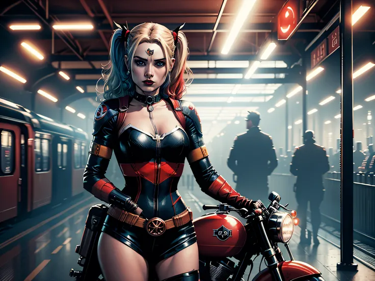 a woman Harley Quinn in a train station with a motorbike with art work on the bike cinematic lighting best quality 4k