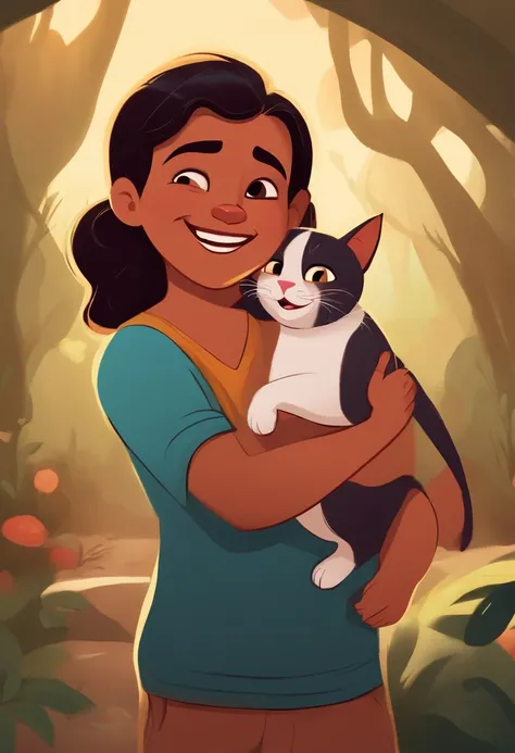 Disney style, nandez, fat kid grinning while holding a scared cat