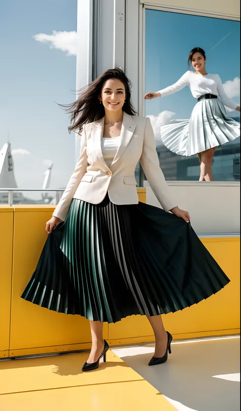 very (shy:1,4) (smiling;1,1) woman playing with skirt, dancing, wearing short blazer and very very detailed (long (fully pleated) full circle skirt) and (simple) low heeled office shoes, very very intricate hyper-detailed symmetric (attractive graceful you...