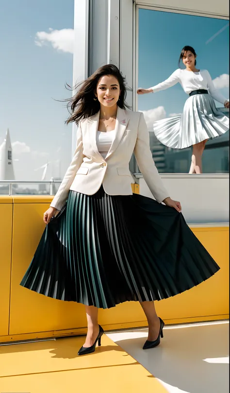 very (shy:1,4) (smiling;1,1) woman playing with skirt, dancing, wearing short blazer and very very detailed (long (fully pleated) full circle skirt) and (simple) low heeled office shoes, very very intricate hyper-detailed symmetric (attractive graceful you...