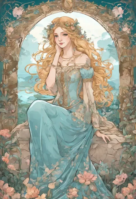 crying, sad, sweet, blushing, (sky blue with golden hair and hooded cloak aesthetic), pale, Valyrian blonde, wavy hair, sitting on stone, t-shirt, jeans, large breasts, colourful palace drowning in swamp, big boobs, jewellery, perfect body 19th century pai...