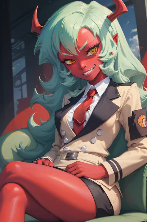 (masterpiece, best quality:1.2), solo, 1girl, psgscanty, (((red skin))), evil smile, looking at viewer, sitting, crossed legs, horns, v-shaped eyebrows, jacket, red necktie, skirt, skirt suit,