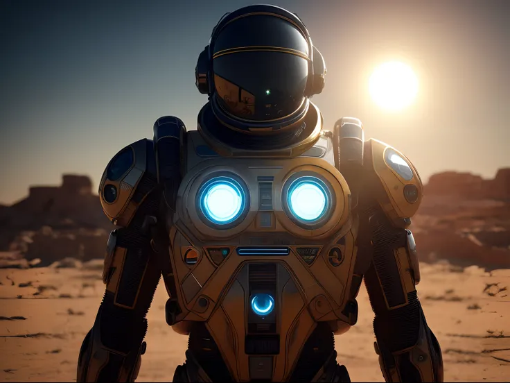 (masterpiece) A cyborg astronaut with luminous eyes stands tall in an alien desert, gazing towards the horizon as the sun sets behind. Close-up of their determined expression, octane render, unreal engine 5, cinematic