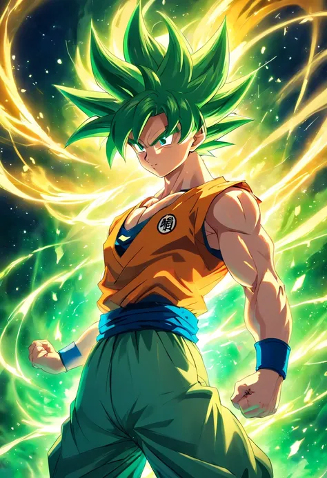 A detailed drawing of Son Goku, He has reached the level of Super Saiyan Legends. green hair, green and gold aura, Big muscular, sarp,