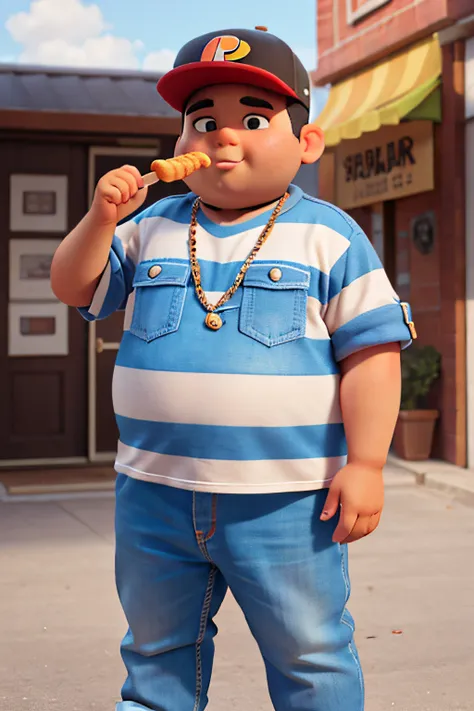 Create artwork of a chubby rapper with a stripe on his eyebrow with a snack in his hand