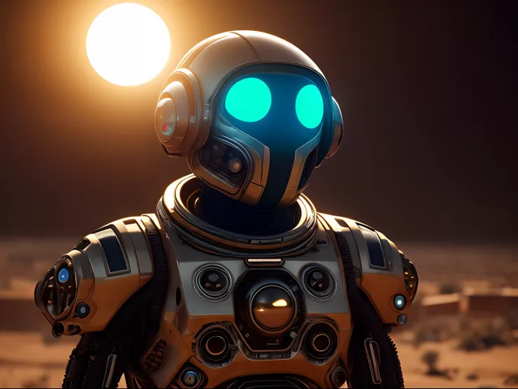 (masterpiece) A cyborg astronaut with luminous eyes stands tall in an alien desert, gazing towards the horizon as the sun sets behind. Close-up of their determined expression, octane render, unreal engine 5, cinematic