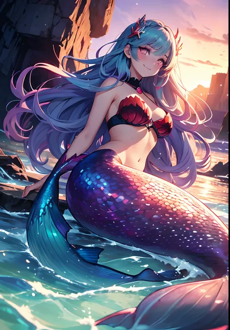 (Masterpiece, Highest quality)), Detailed face, ， full bodyesbian, Full of details, Multiple poses and expressions, Highly detailed, Depth, Many parts，Beautiful mermaid girl，Human fishtail，estilo fantasia，Extremely beautiful，High Balance, Natural light, Wa...