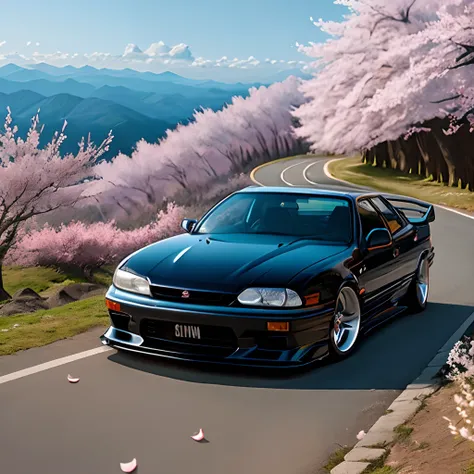 Nissan Silvia s14 on a mountain with cherry blossom petals