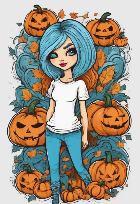 Vector t-shirt art ready to print Halloween pumpkin full body colorful doodle illustration, Cute, Light blue long hair、action SHOT, vivd colour, punk, high detailing, White background