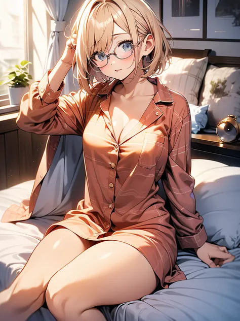 in 8K、top-quality、​masterpiece、ultra-detailliert、Ultra-high resolution、((1 persons))、girl with、a blond、a short bob、Big round lens glasses、small tits、Plaid pajamas、cleavage of the breast、Sit on the bed、sleepy、yawns