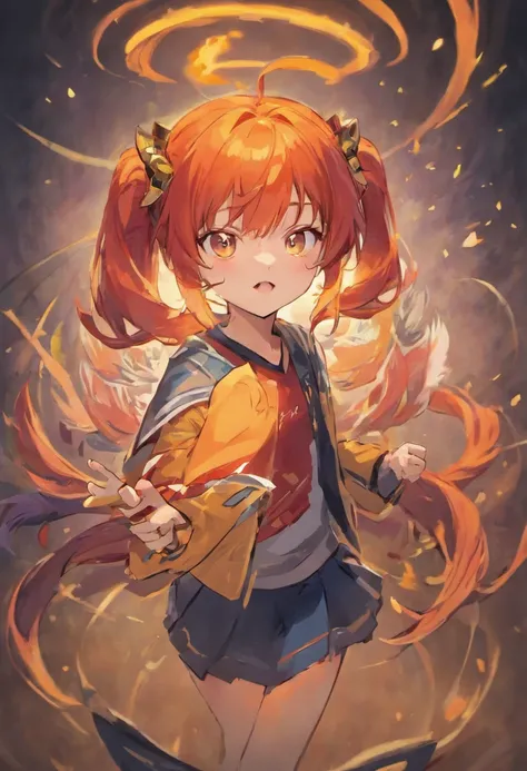 a sweet 6th grader with dragon horns and red hair, 4 ponytails that poof out, with orange and yellow streaks