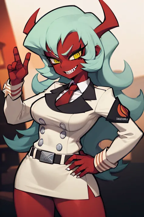 (masterpiece, best quality:1.2), solo, 1girl, psgscanty, (((red skin))), evil smile, looking at viewer, standing, confidence, arrogant, horns, v-shaped eyebrows, jacket, red necktie, skirt, skirt suit, belt, wide stance, dynamic pose