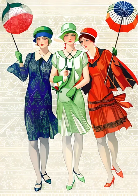 There are three women in dresses and hats holding umbrellas, Dicas de Coles Phillips, 1 9 2 0 s estilo pano, 1 9 2 0 s moda, 1 9 2 0 estilo pano, Cor vistosa dos anos 1920, 1 9 2 0 s roupa, inspirado em Coles Phillips, 1 9 2 0 s estilo minimalismo, vestind...